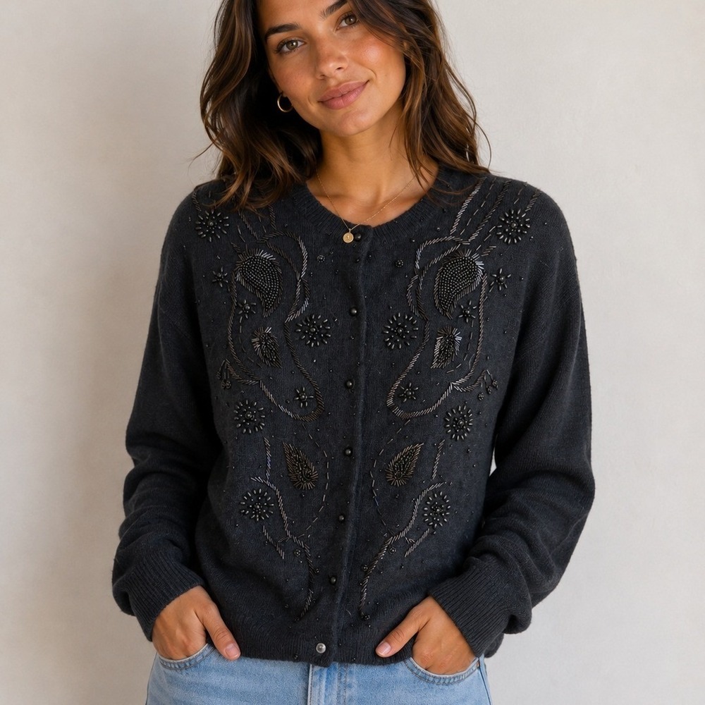 Vintage Lambswool Angora Beaded Cardigan Sweater Cottagecore Prairie Western
